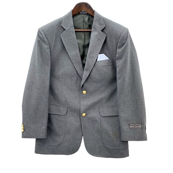 David Taylor Blazer Men's 38R Gray 2 Button Front Gold Button Preppy Sport Coat - Picture 1 of 11